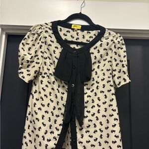 Chic Black and cream Dog pattern Blouse with Bow Detail